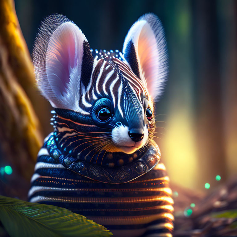 Fantastical Mouse Creature with Zebra Stripes in Mystical Forest