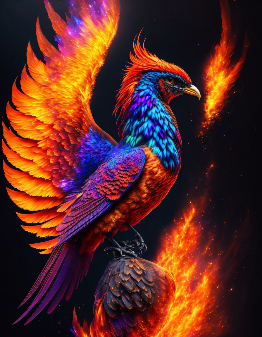 Vibrant phoenix with fiery plumage on dark background