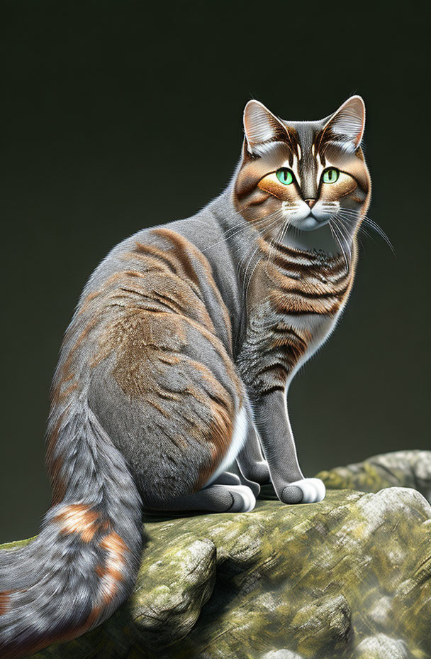 Detailed Tabby Cat with Green Eyes on Rocky Surface Against Dark Background