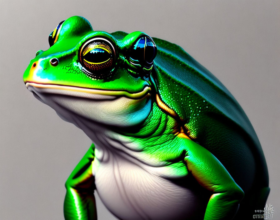 Detailed 3D illustration of a stylized green and white frog with expressive eyes.