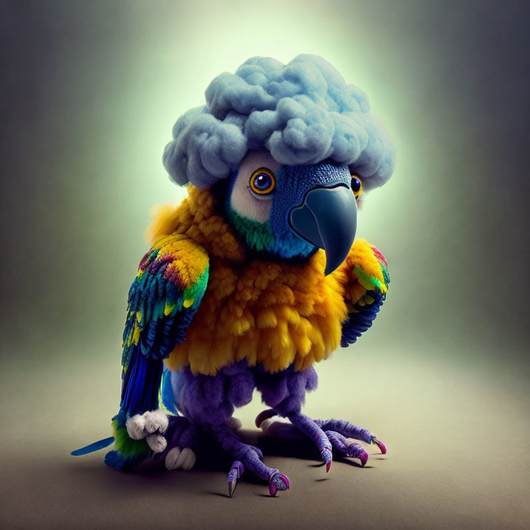 Colorful Parrot with Brain-Shaped Crest on Head Against Muted Background