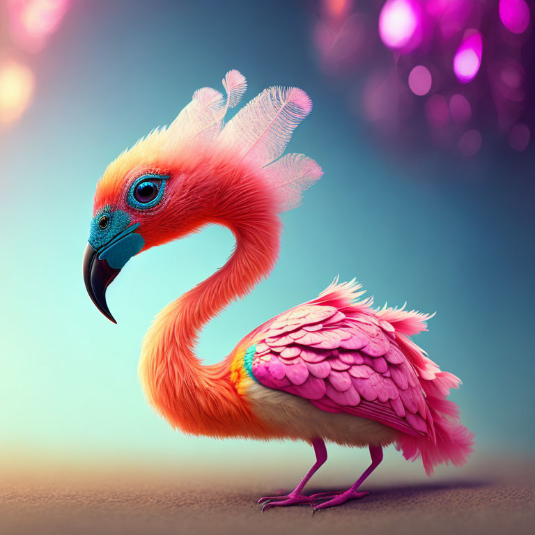 Colorful Bird with Flamingo and Parrot Features in Vibrant Pink and Blue