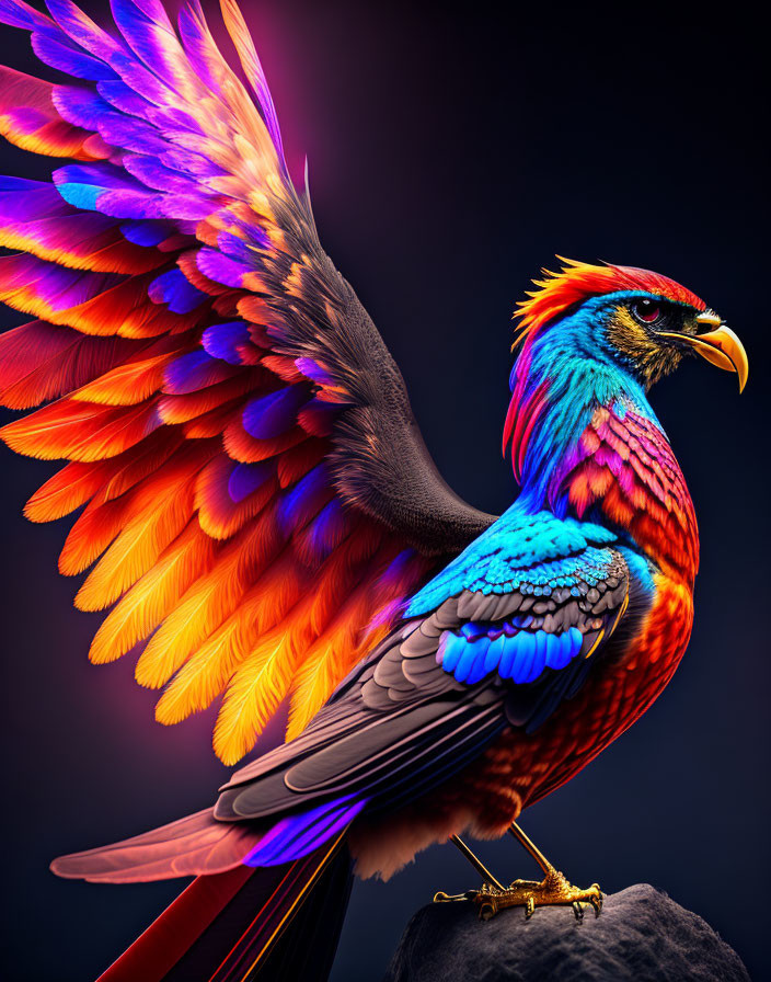 Colorful Fantastical Bird with Phoenix and Peacock Features on Dark Background