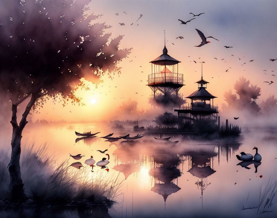 Tranquil Asian-style pavilions at sunset with birds and foliage