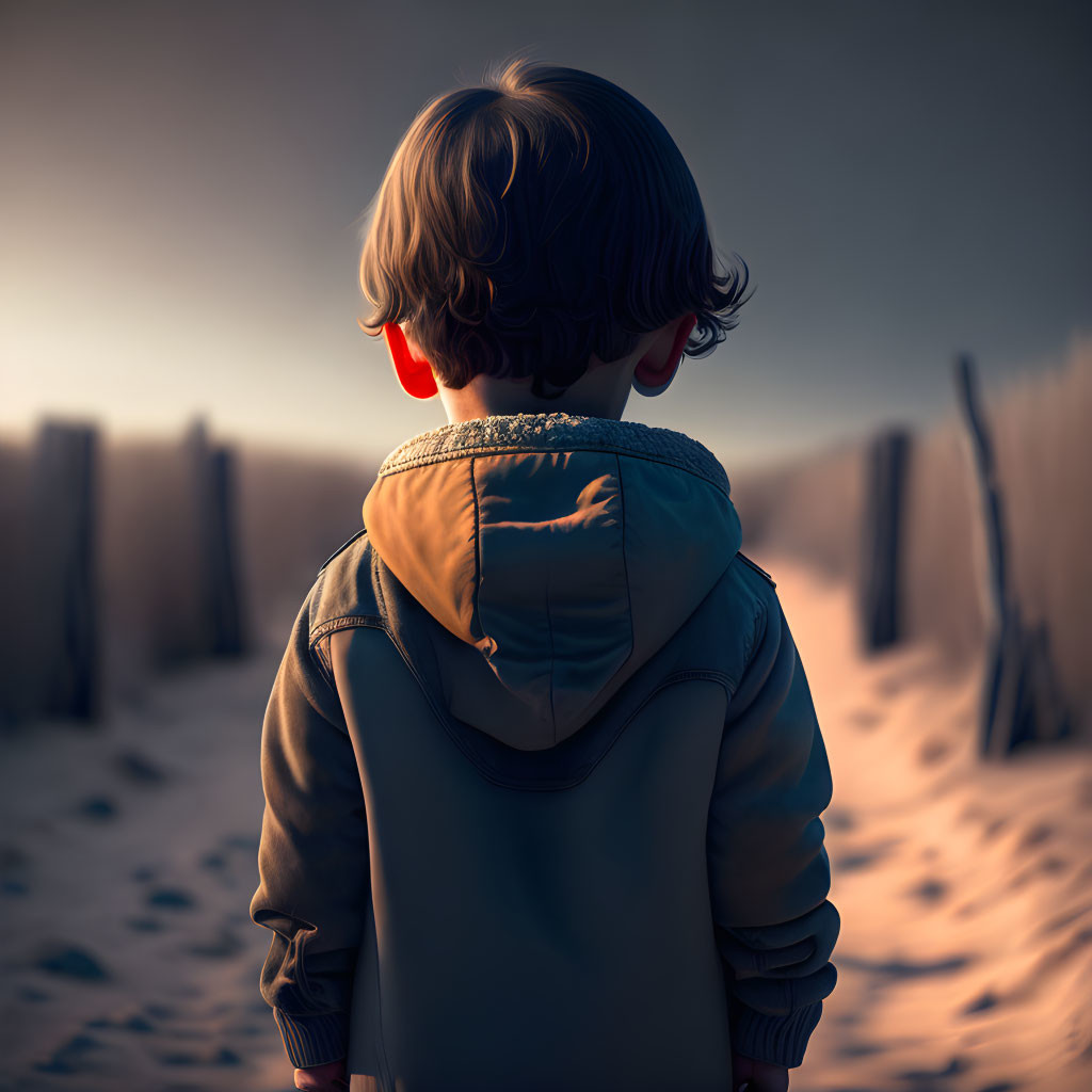 Child in blue hooded jacket gazes at horizon in sandy landscape at sunrise/sunset