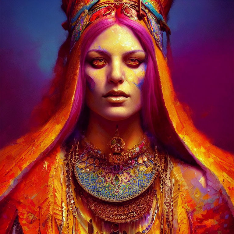 Vibrant portrait of a woman with purple skin and tribal makeup
