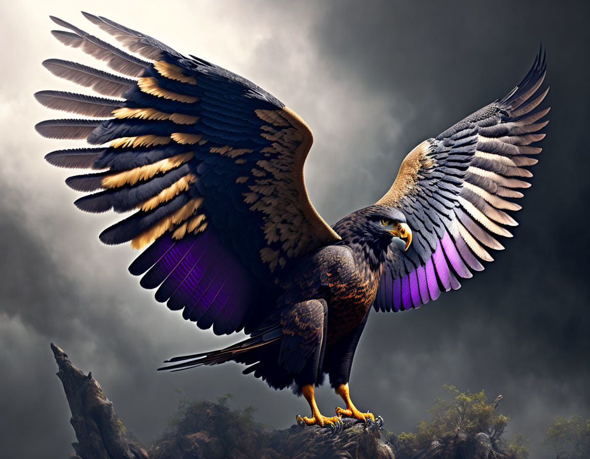 Majestic eagle with colorful wings perched under stormy sky