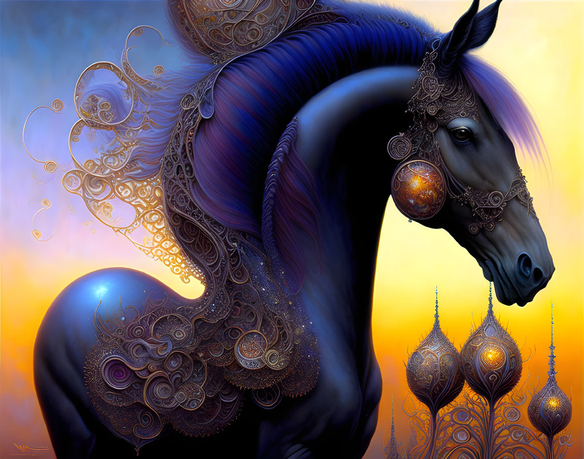 Dark unicorn with golden detailing in sunset scene with lanterns