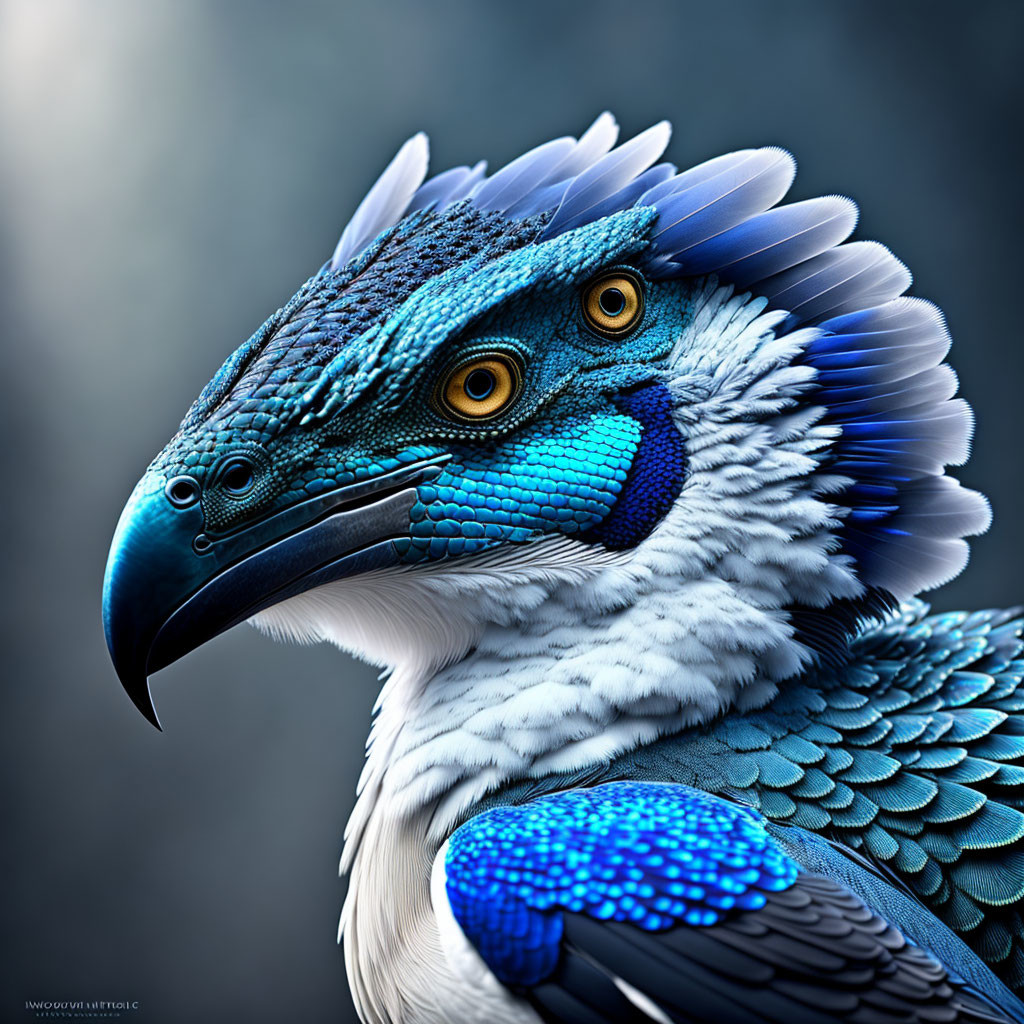 Mythical bird digital artwork: vibrant blue feathers, dark crest, yellow eyes