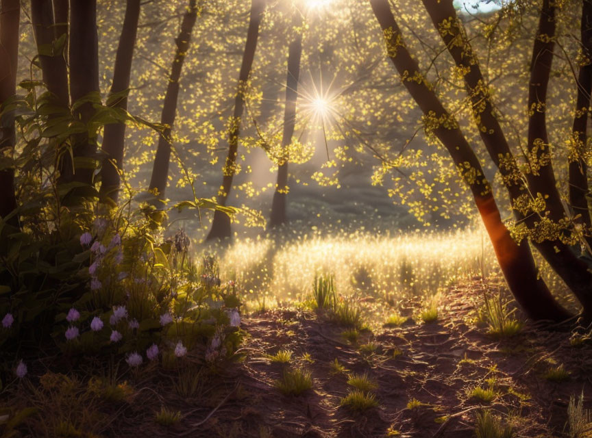 Sunlight illuminates floating pollen and purple flowers in serene forest