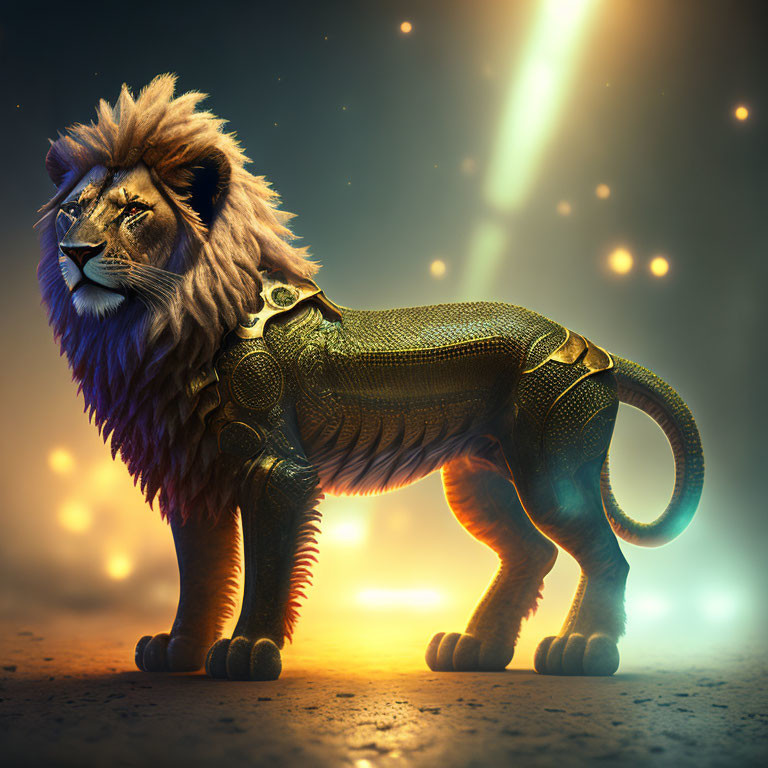 Majestic lion with dark mane in fantasy scene with gold armor