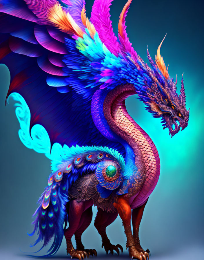 Colorful Dragon with Feathers and Scales on Blue Gradient Background