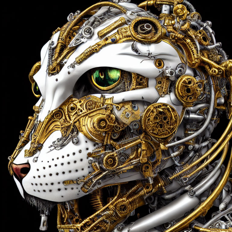 Detailed mechanical lion's head with gold and silver gears, wires, and green eye