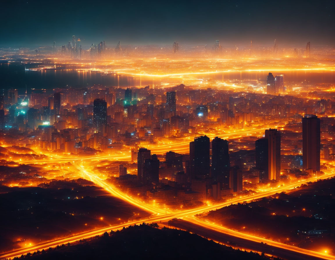 Nighttime Cityscape with Illuminated Streets and Skyscrapers