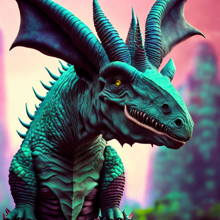 Detailed Illustration: Blue Dragon with Multiple Horns and Sharp Teeth in Pink and Purple Sky