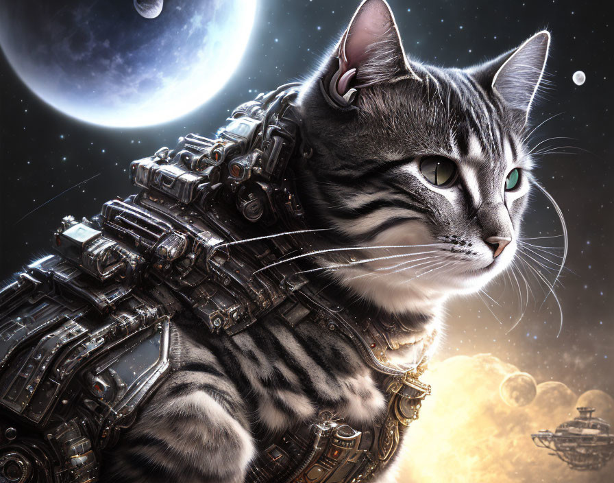 Photorealistic cat with cybernetic enhancements in space scene