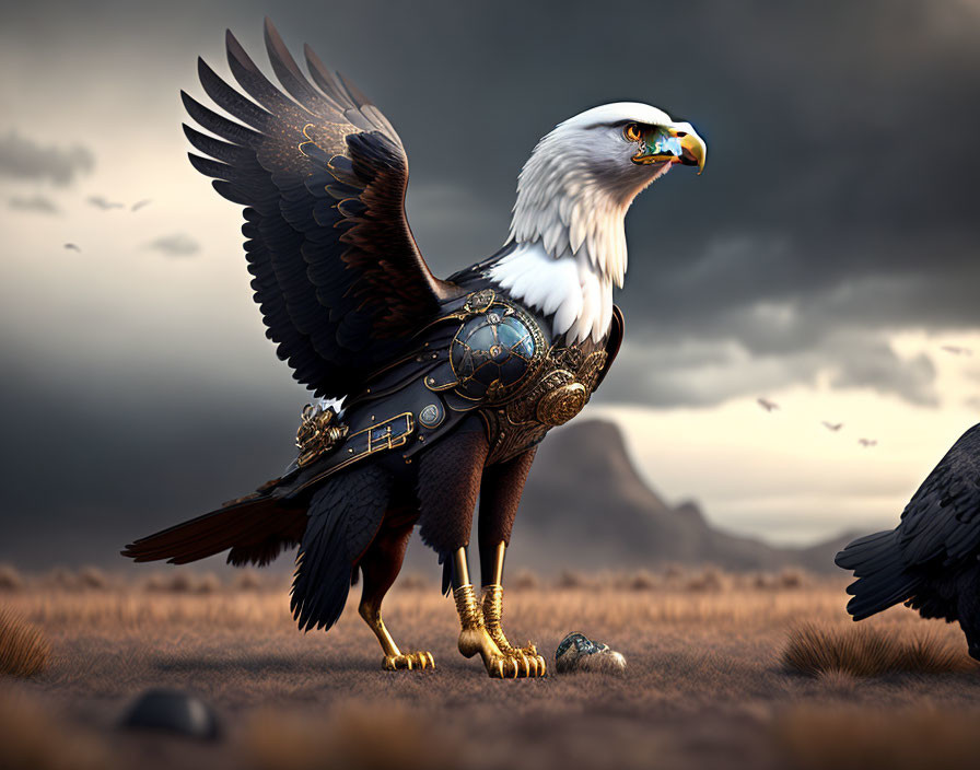 Steampunk eagle with mechanical enhancements in desolate landscape