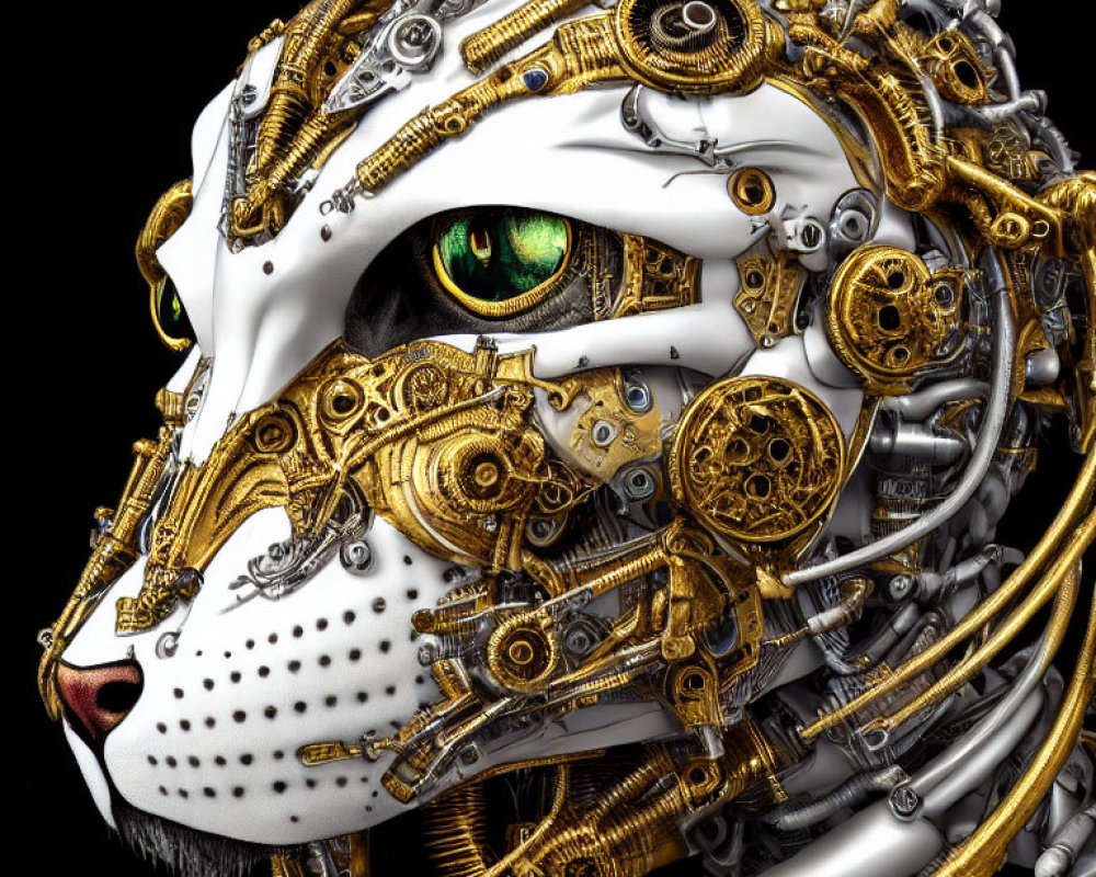 Detailed mechanical lion's head with gold and silver gears, wires, and green eye