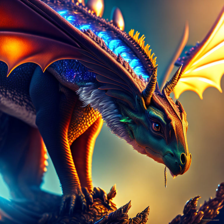 Majestic Blue and Orange Dragon with Glowing Spines and Wings