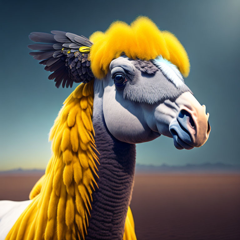 Camel with bird features in surreal desert scene