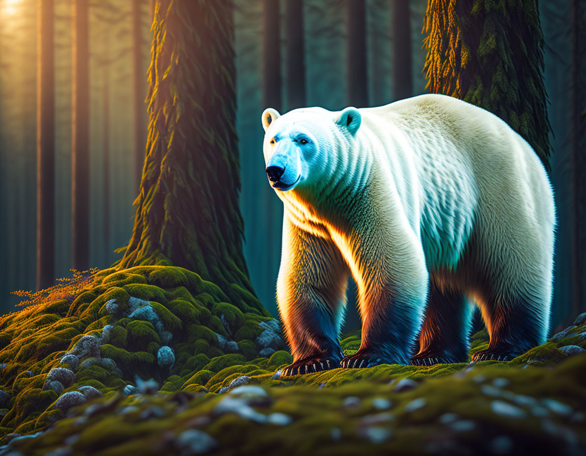 Polar bear in sunlit forest with vibrant colors