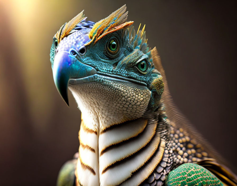 Vibrant colorful iguana with blue, green, and orange scales and striped patterns