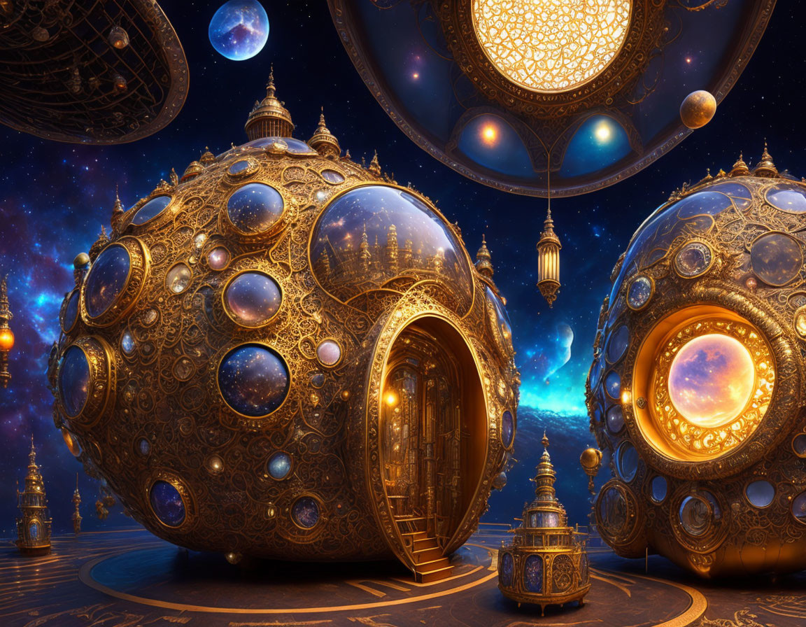 Fantasy landscape with celestial spheres, lanterns, and intricate architecture