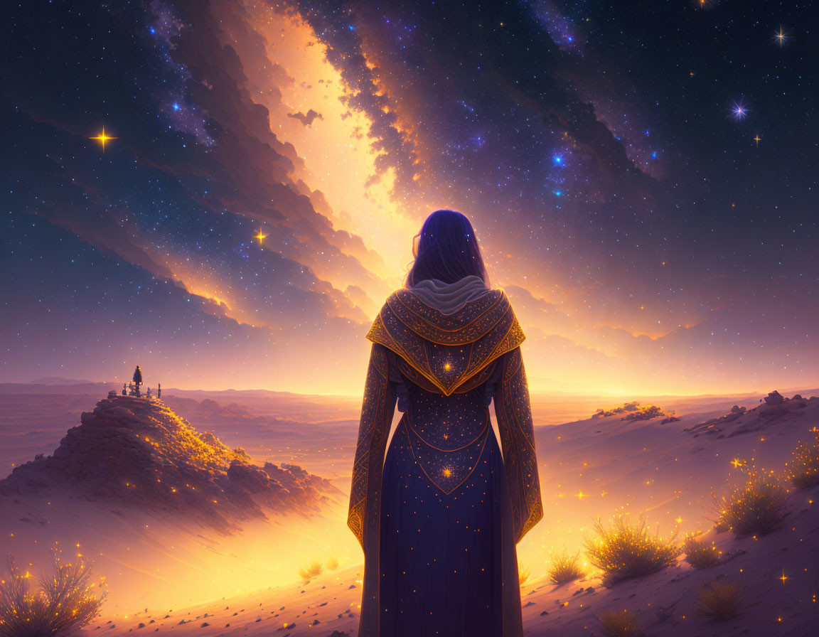 Figure in Star-Patterned Cloak Gazing at Twilight Desert Skyline