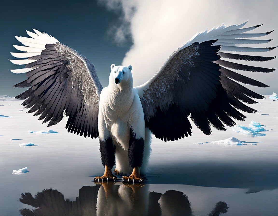 Polar bear with eagle wings on ice under cloudy sky