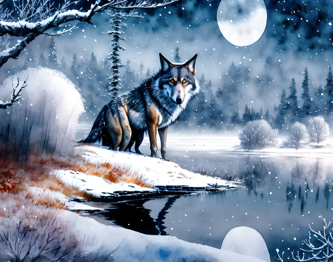 Winter wolf by riverbank under full moon in snowy landscape