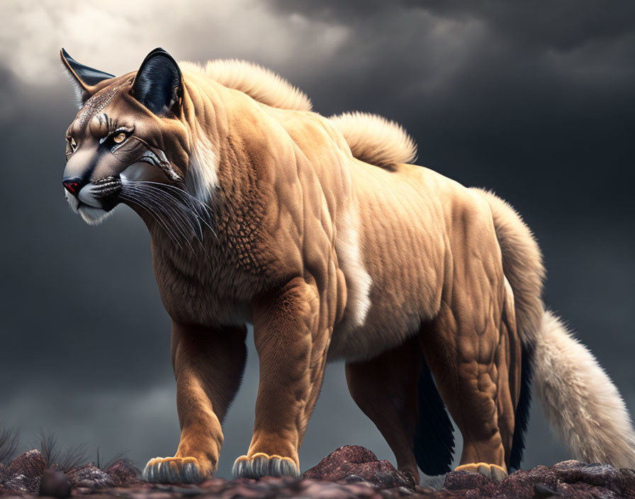 Digital Artwork: Formidable Feline Creature with Muscular Build and Lynx-Like Face