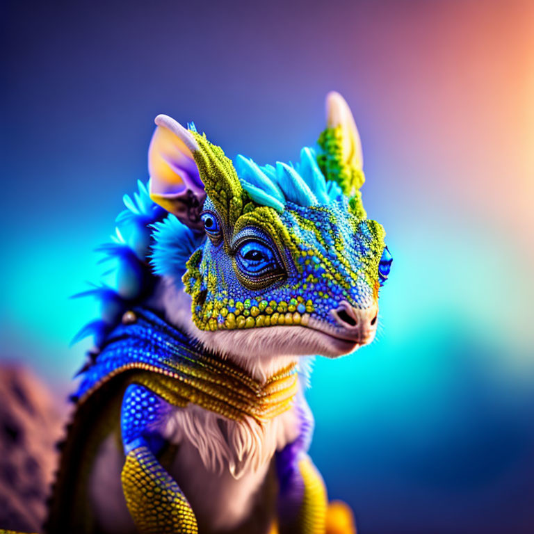 Colorful Dragon Figurine with Detailed Scales on Blue and Orange Background