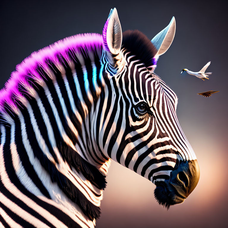 Colorful Zebra with Neon Pink and Blue Mane on Gradient Background