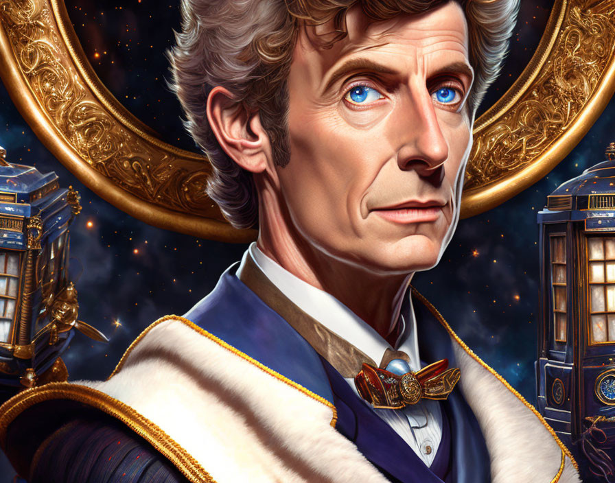 Detailed Victorian-style man illustration with blue eyes and cosmic backdrop