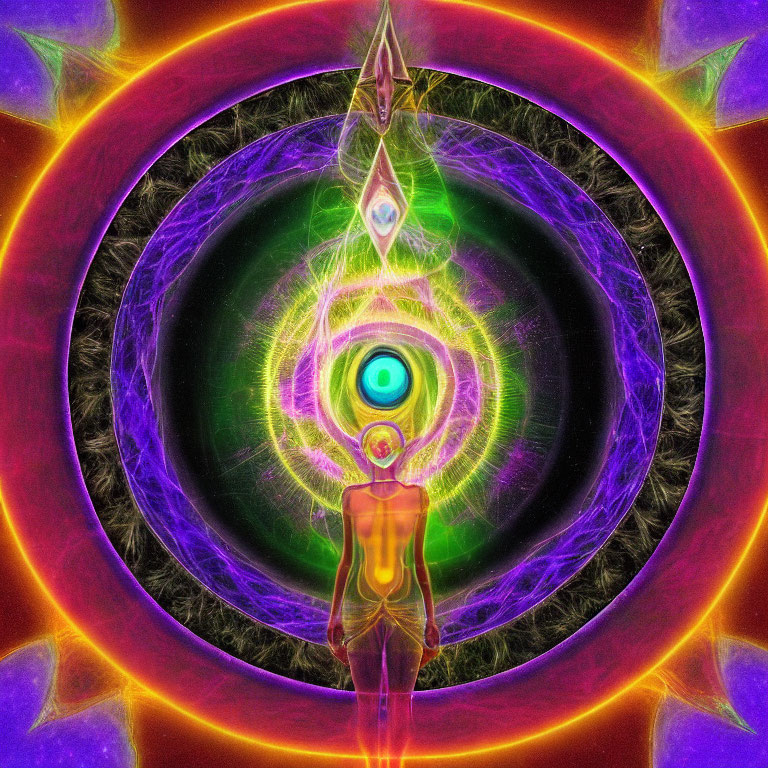 Colorful digital artwork: Human silhouette with aligned chakras in neon fractal tunnel