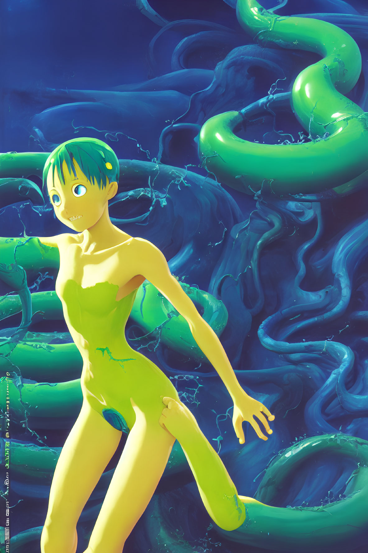 Green-haired character in body-hugging suit with swirling green tubes on deep blue background