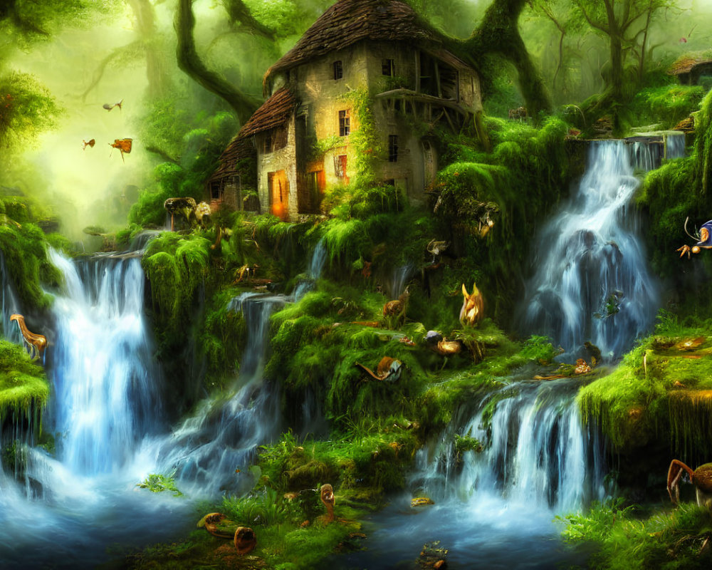 Forest Scene with Stone Cottage, Waterfalls, Greenery, Birds, and Butterflies