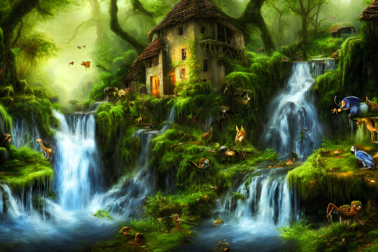 Forest Scene with Stone Cottage, Waterfalls, Greenery, Birds, and Butterflies