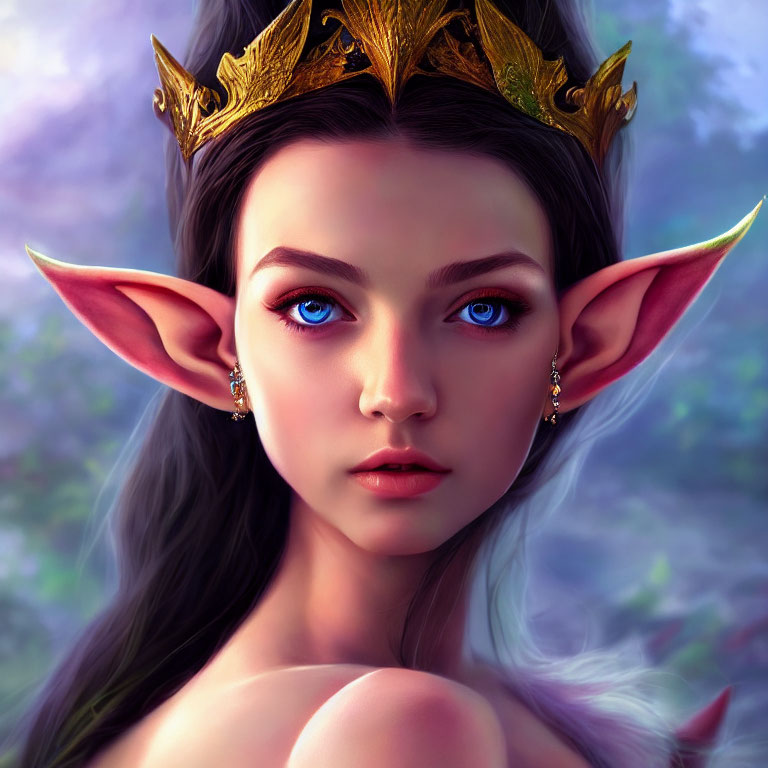 Female Elf Portrait with Pointed Ears and Golden Crown on Blurred Background