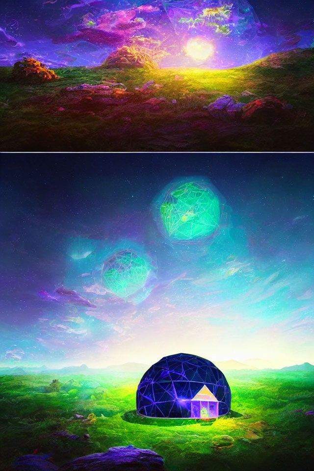 Digital artwork: Geodesic dome under purple and starry skies with glowing orbs