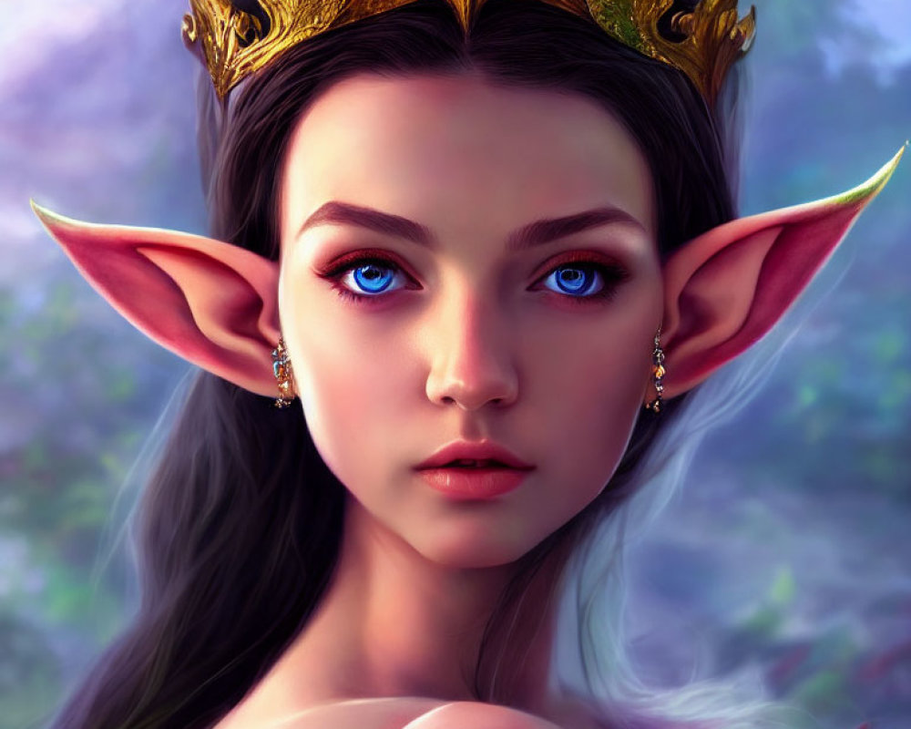 Female Elf Portrait with Pointed Ears and Golden Crown on Blurred Background