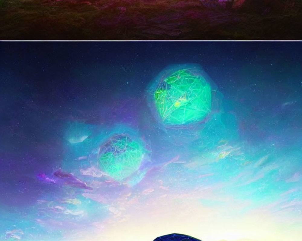 Digital artwork: Geodesic dome under purple and starry skies with glowing orbs