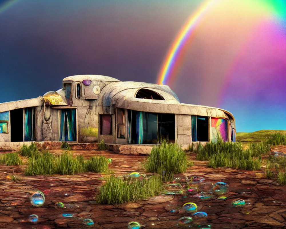 Colorful Dome-Shaped House Under Vibrant Rainbow in Grass Landscape