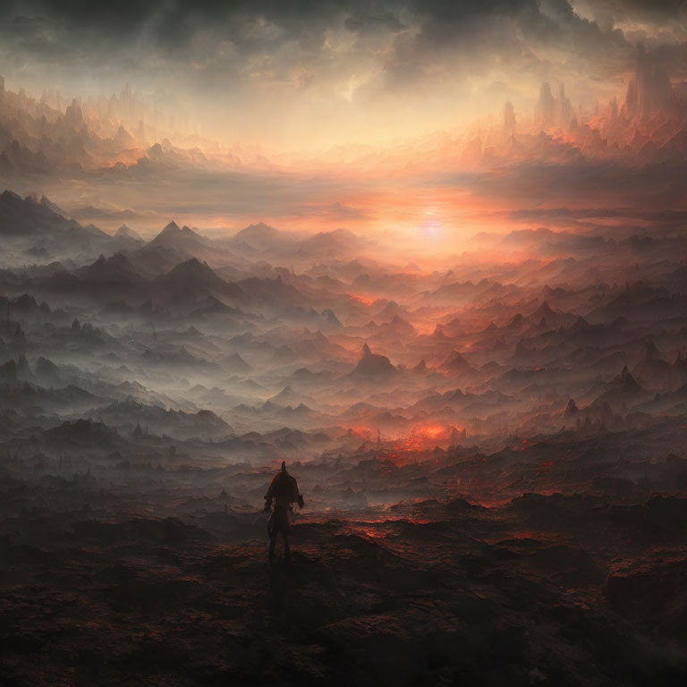 Figure overlooking fiery landscape with jagged mountains and dramatic sky