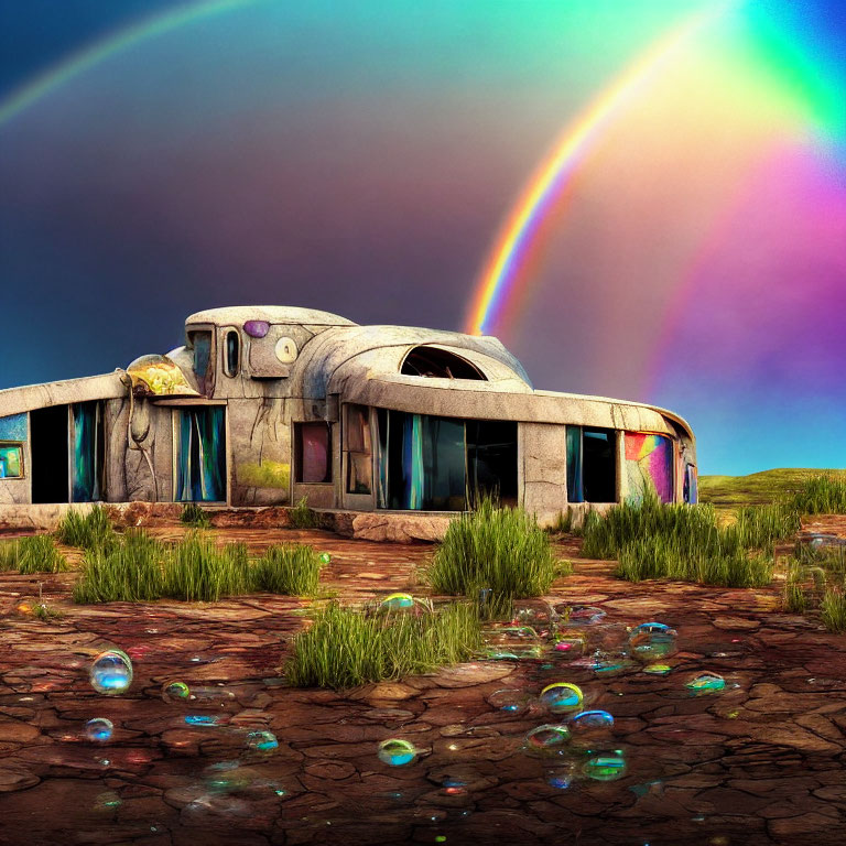 Colorful Dome-Shaped House Under Vibrant Rainbow in Grass Landscape