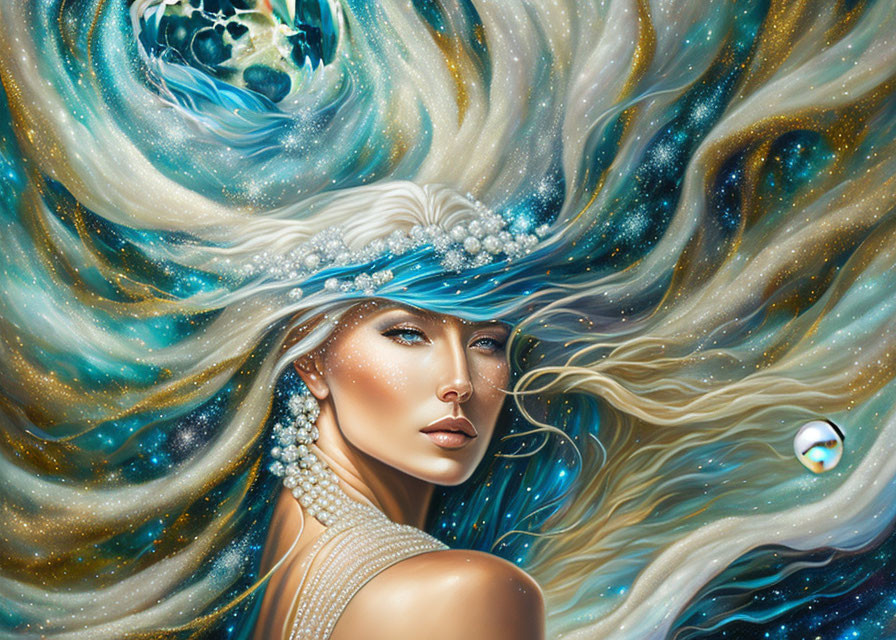 Woman with flowing cosmic hair and celestial elements.