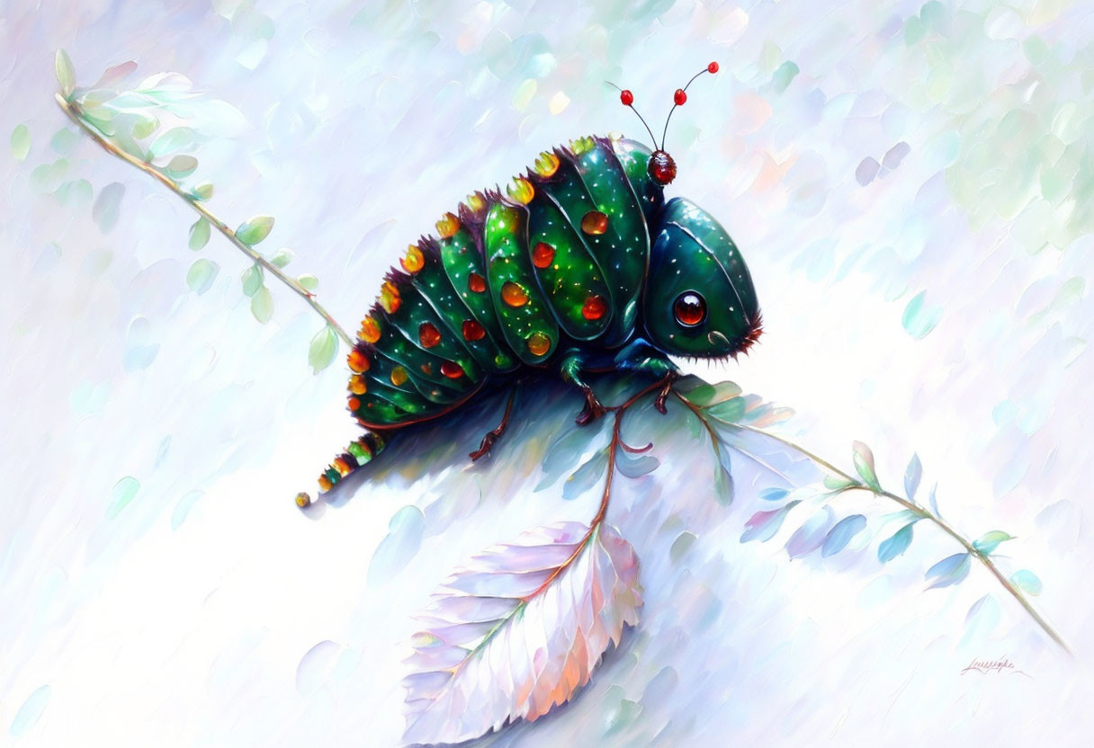 Vibrant caterpillar painting on leaf with pastel background