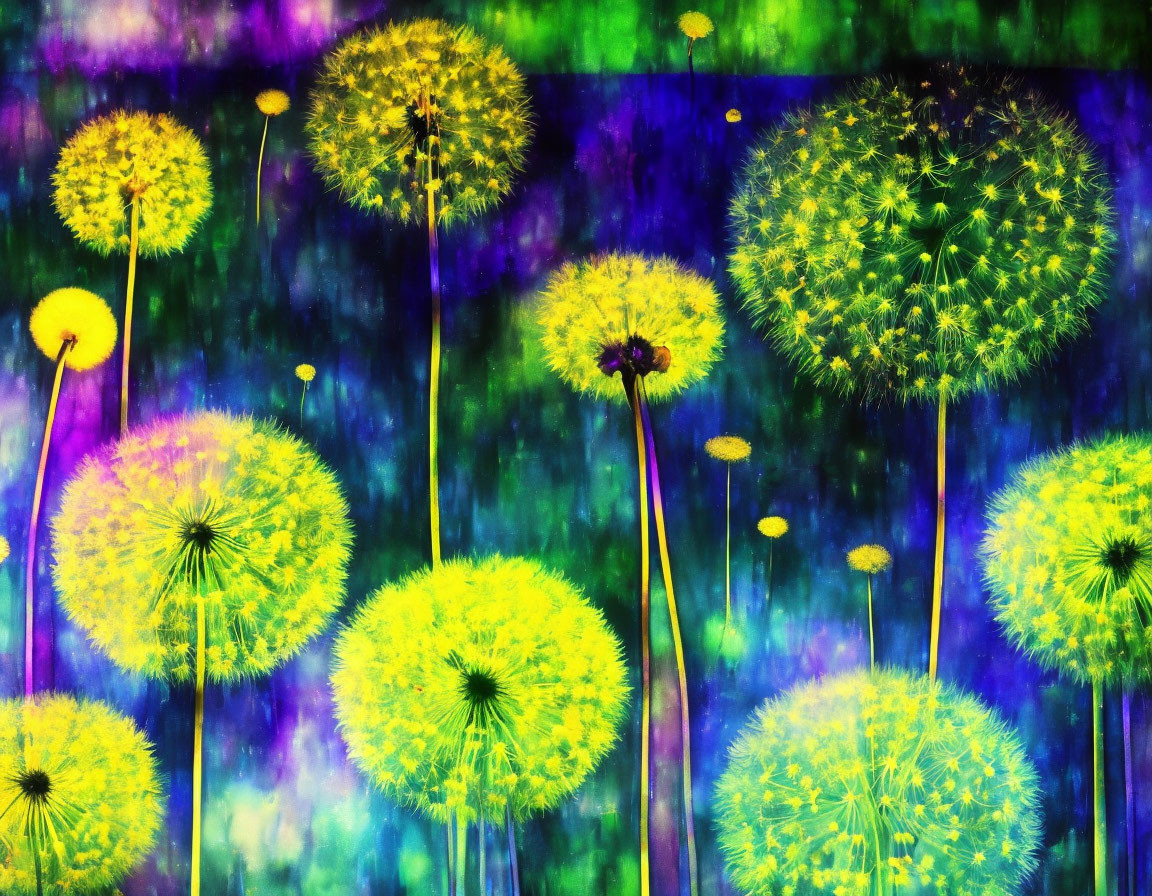 Digitally altered dandelions on vivid dream-like background