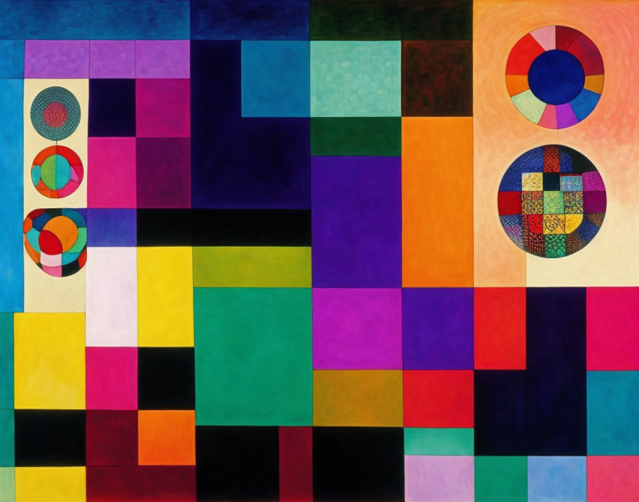 Vibrant abstract geometric painting with squares and circles on grid background