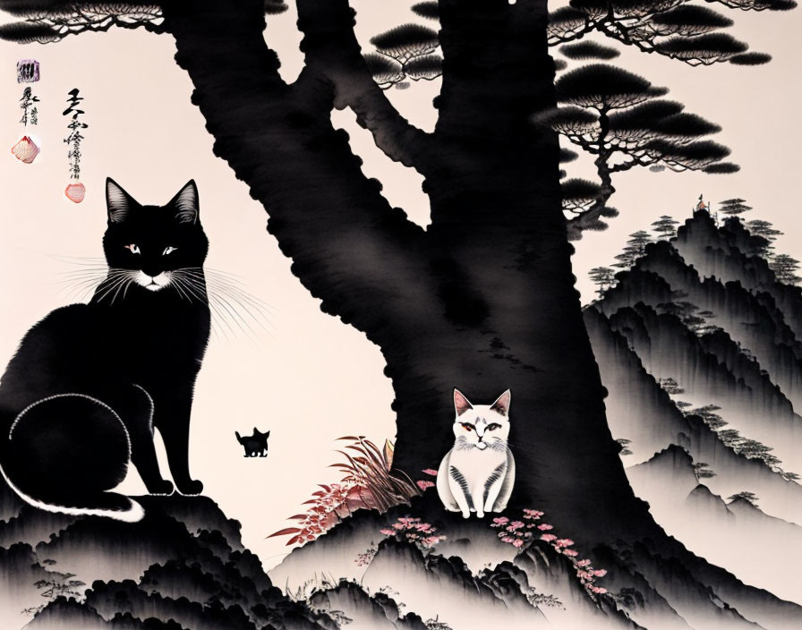 Monochrome Asian ink painting of cats under pine tree